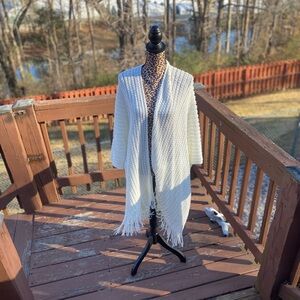 New Directions Cream Knit Fringe Cape